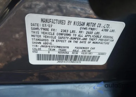 2007 Infiniti G35X from USA, damaged, VIN JNKBV61F07M822976